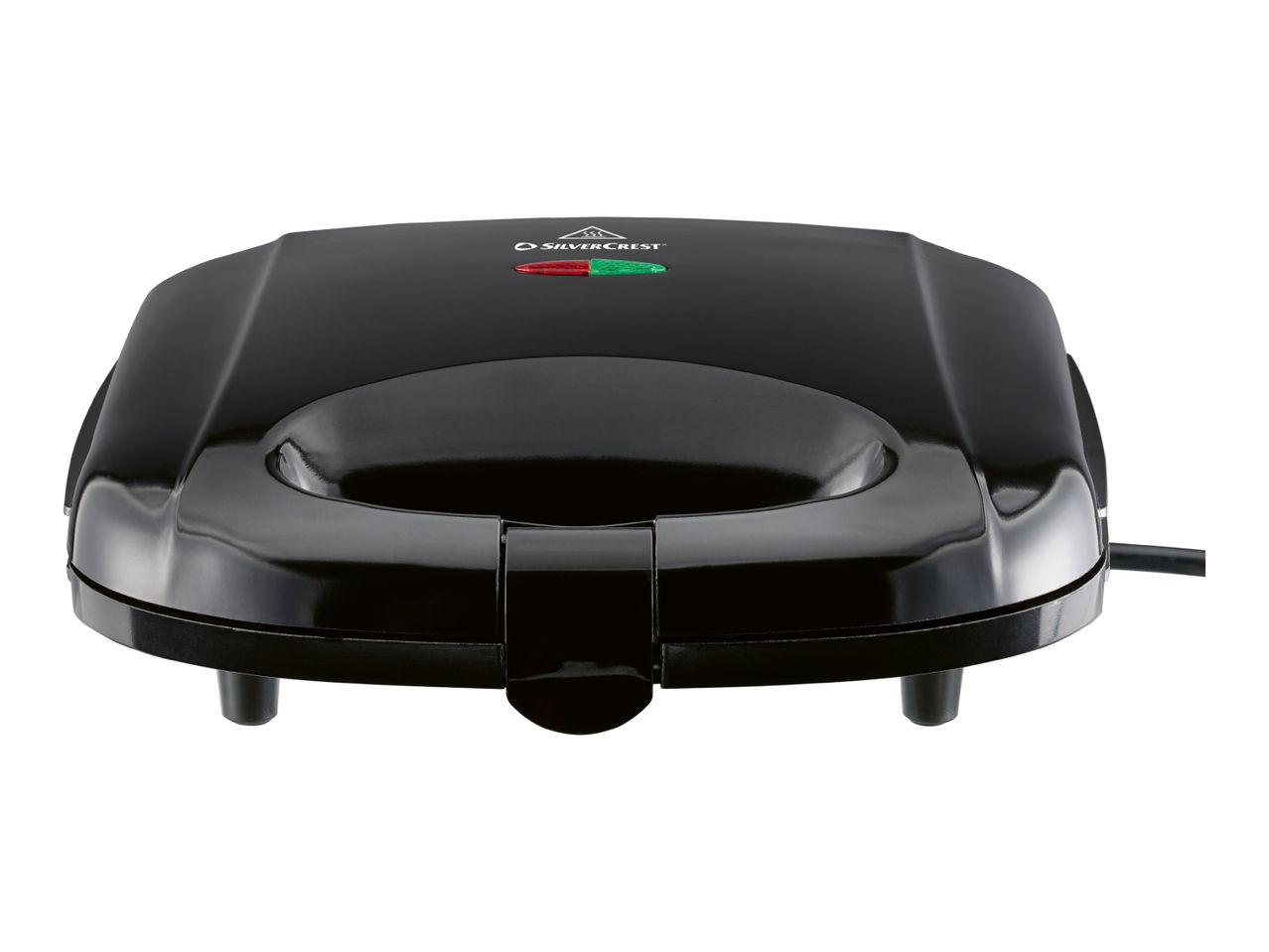 A black panini press with a small logo.