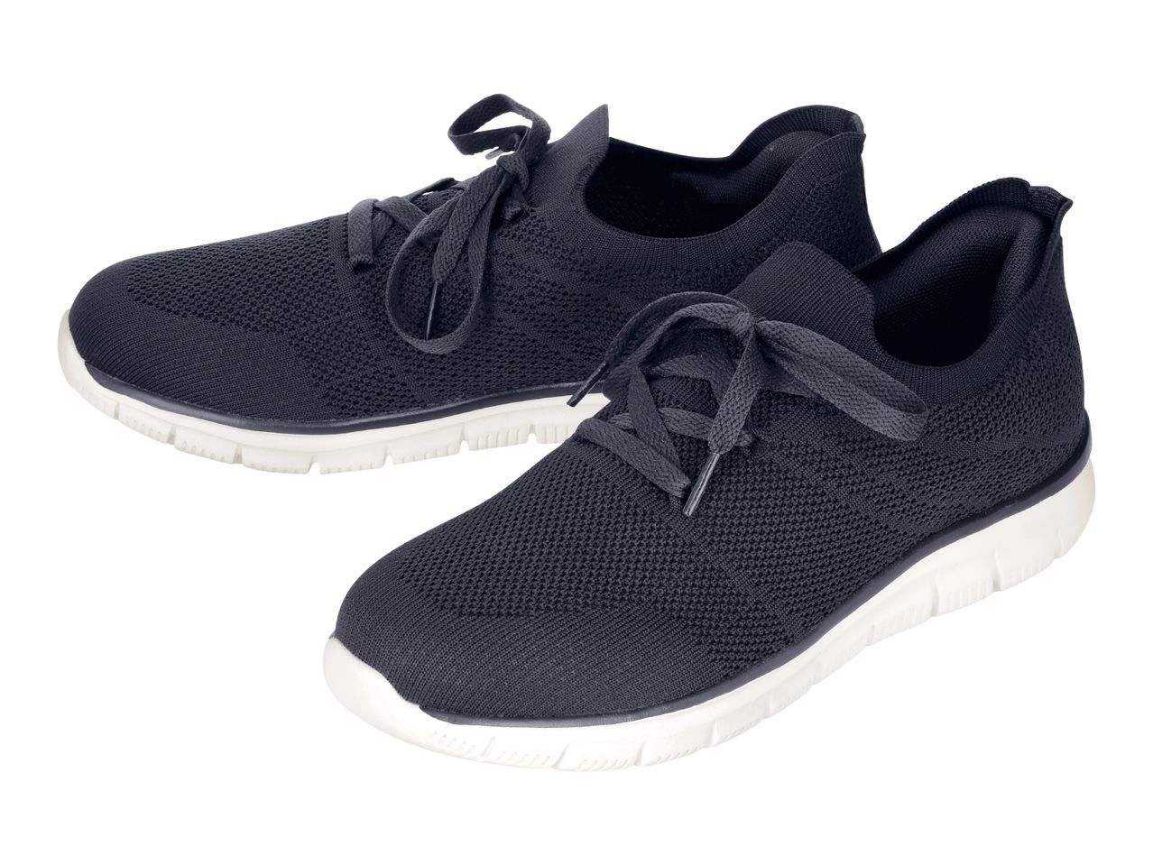 Pair of dark blue knitted sneakers with white soles
