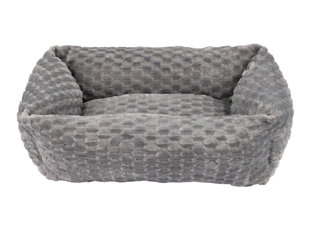 Grey plush rectangular dog bed with textured fabric