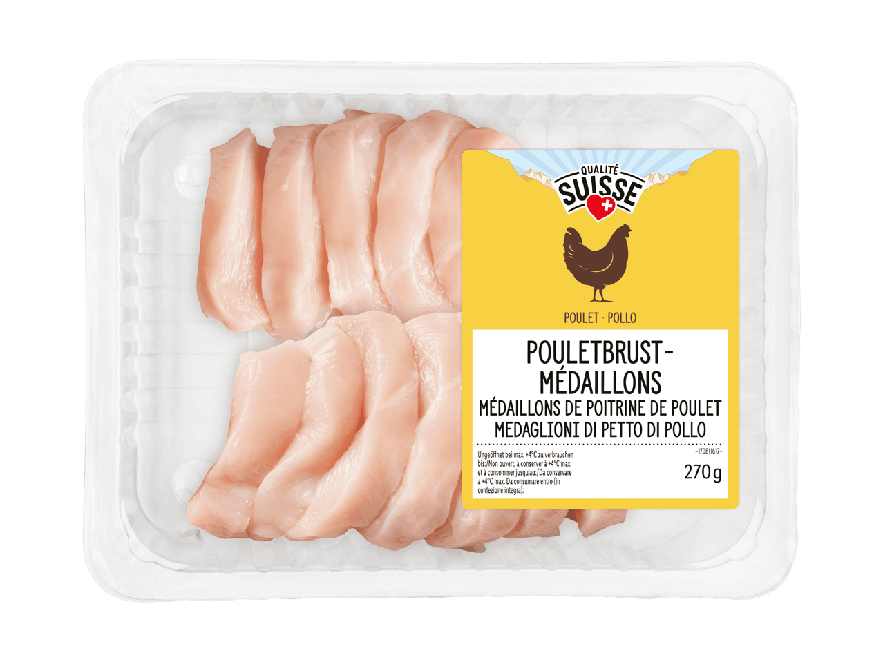 Confezione di petto di pollo a fette con etichetta gialla.