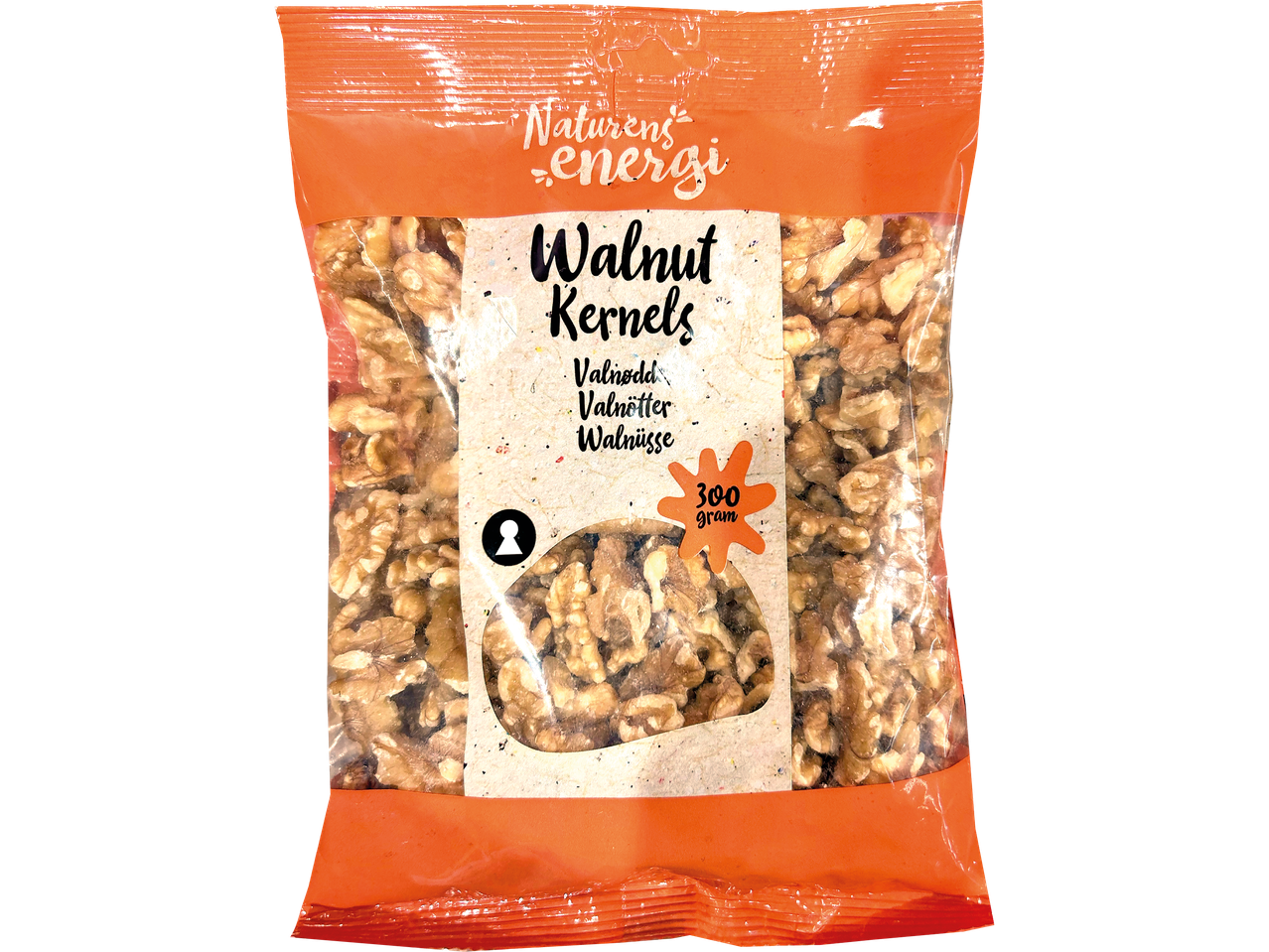 En påse Naturrens energi valnötskärnor (300 gram).