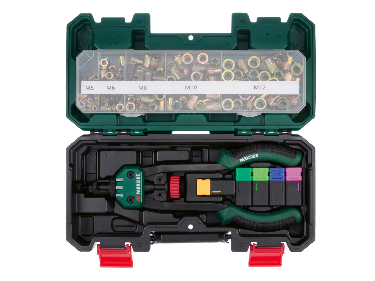 Kniedēšanas instrumentu komplekts ar knaiblēm un dažādu izmēru kniedēm (M5-M12) zaļā uzglabāšanas kastē.
