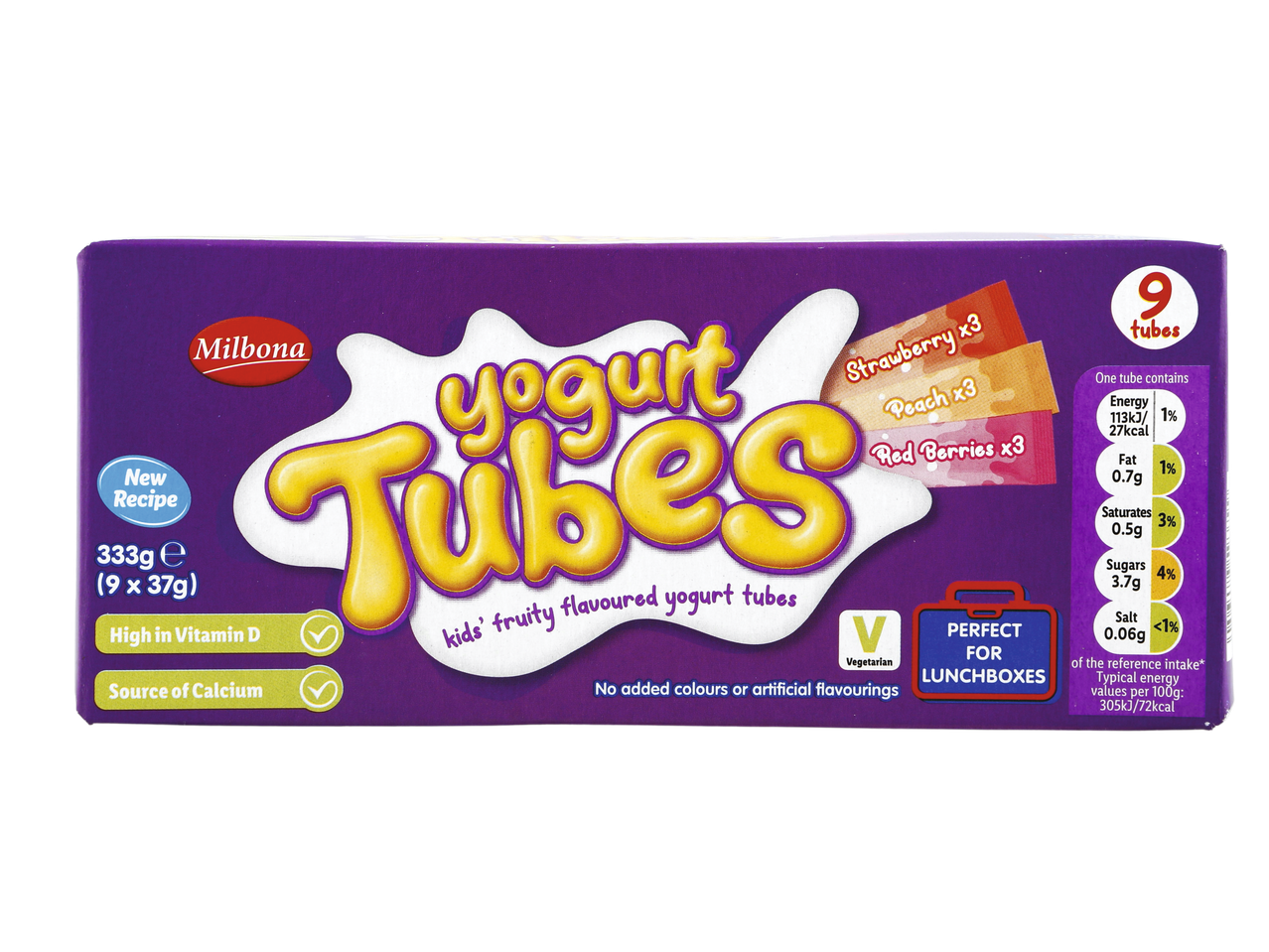 Milbona Yogurt Tubes with strawberry, peach, and red berries flavors