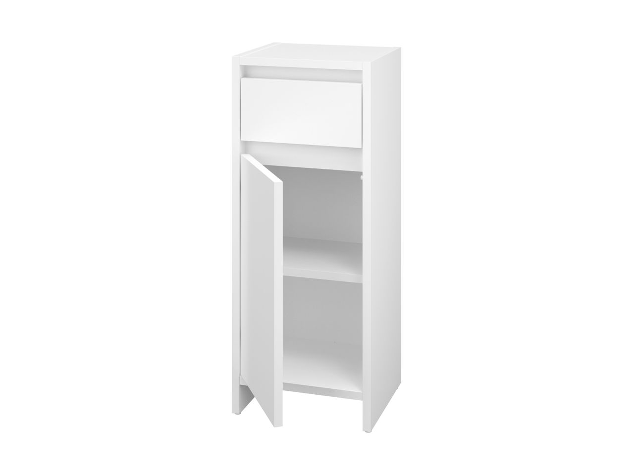 White tall cabinet with a drawer and an open door revealing two shelves