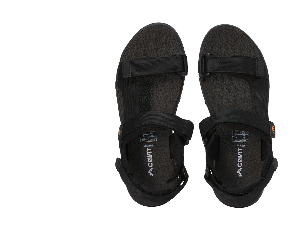 Sandale de trekking CRIVIT negre cu detalii portocalii și informații despre mărime.