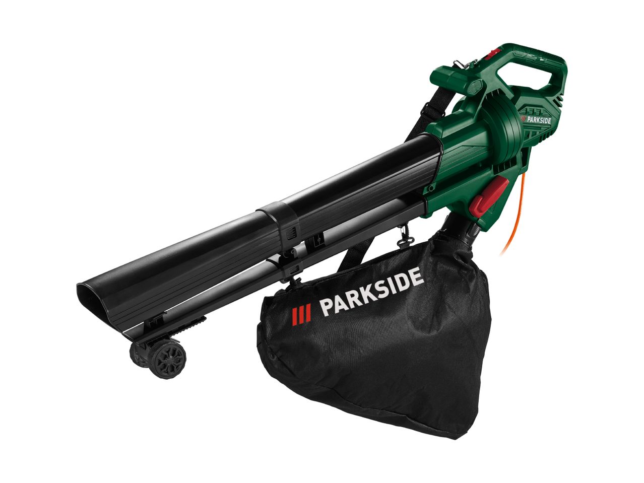 Green and black electric leaf blower with a collection bag and wheels.