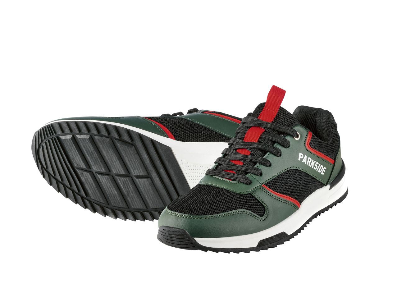 Pair of Parkside Trainers in green, black, red, and white colors.