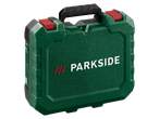 Zelena kutija za alat Parkside PDSS 850 A1 sa crnom ručkom i crvenim kopčama.
