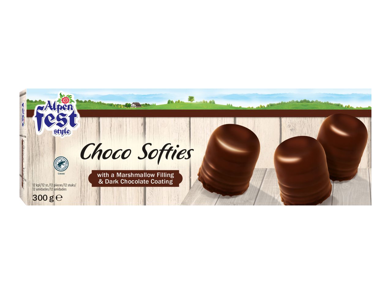 Chocolate-coated marshmallow treats with a dark chocolate coating, 300g pack.