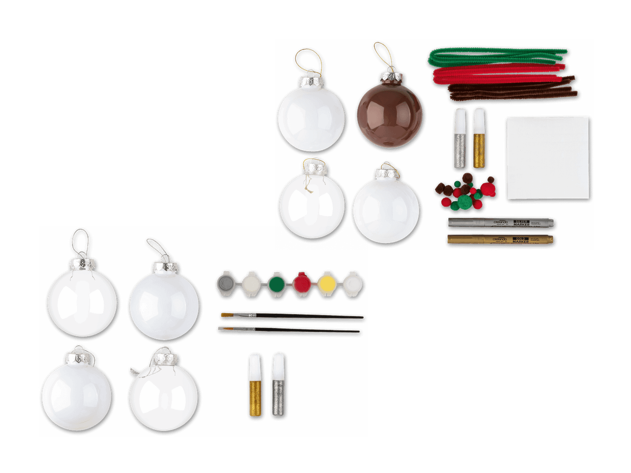 Weihnachtskugel-Bastelset mit Farben, Pinseln, Glitzer, Pfeifenreinigern und Pompons