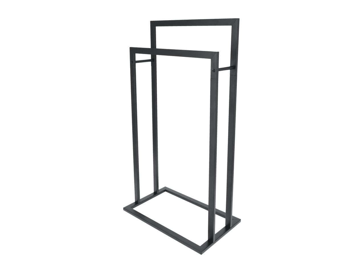 Black metal towel rack with two bars on a white background.