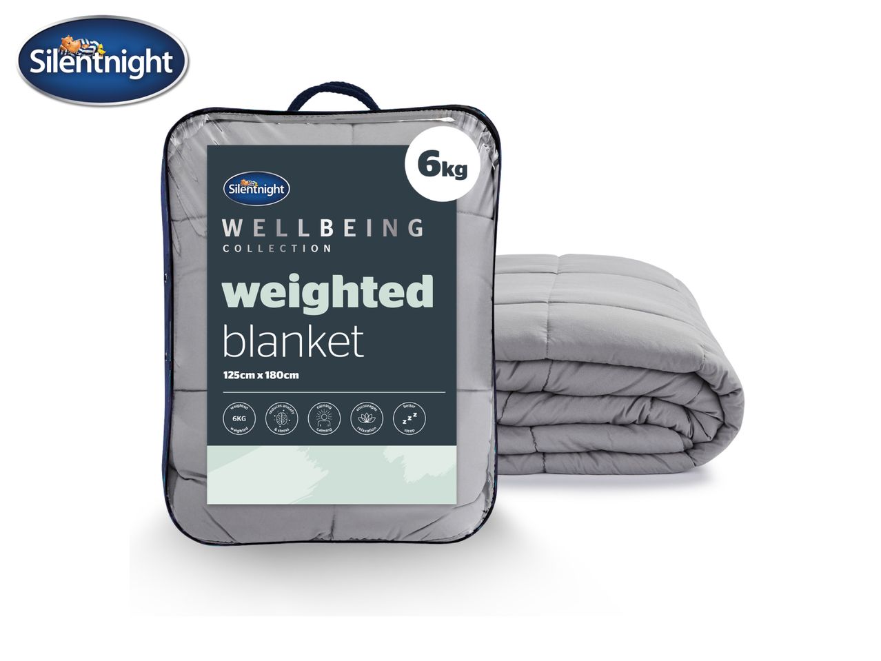 A grey 6kg weighted blanket in its packaging, measuring 125cm x 180cm.