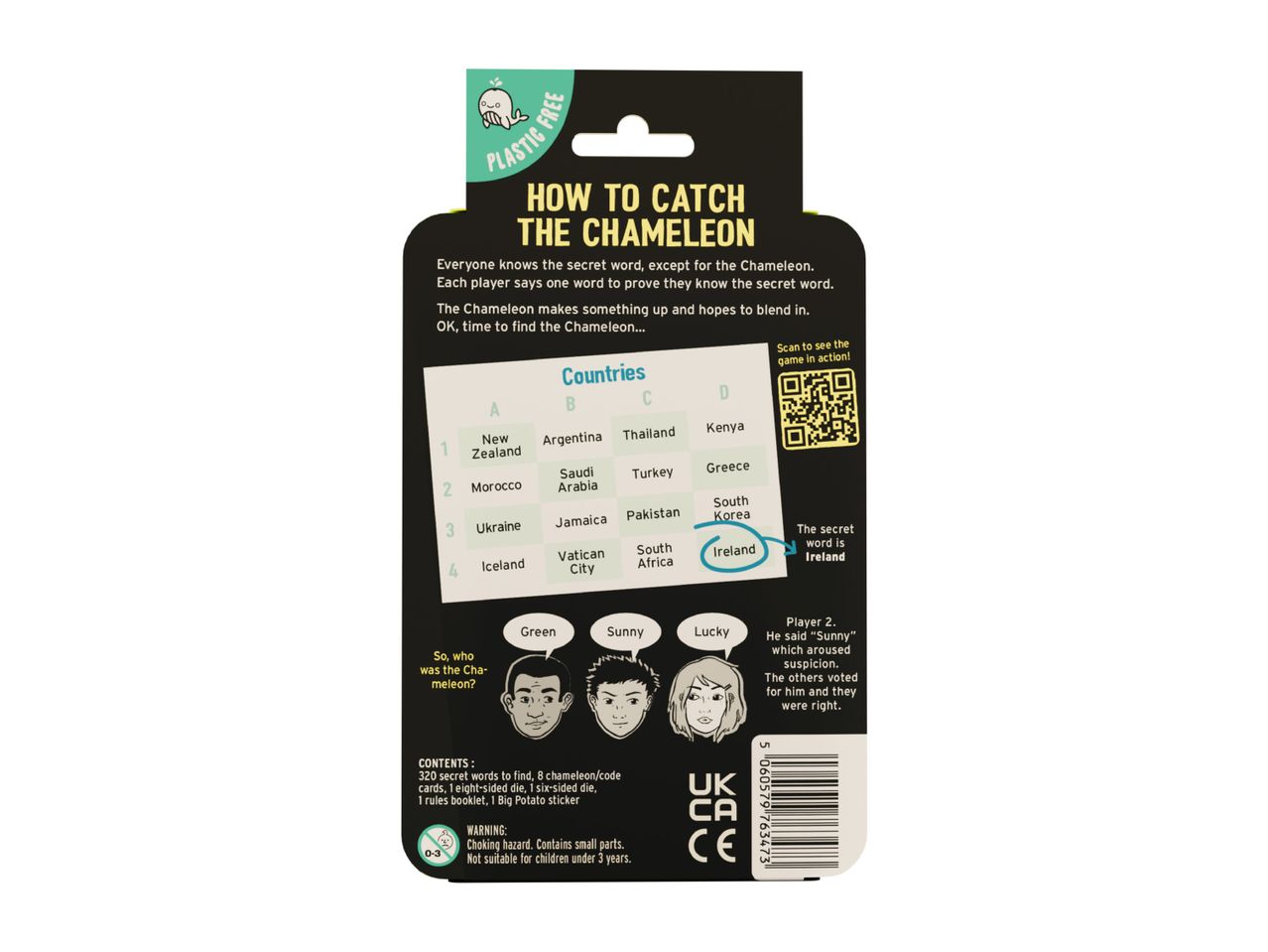 A game box for 'How to Catch the Chameleon' with game instructions and components listed.