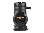 Black portable air compressor with various nozzles and coiled power cord.