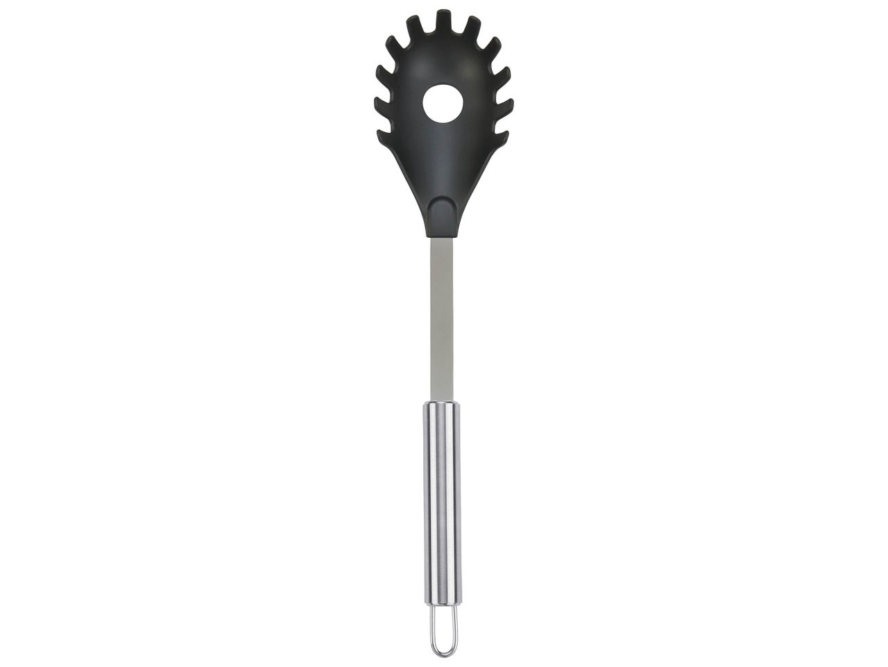 Une louche à spaghetti en silicone noir et acier inoxydable.