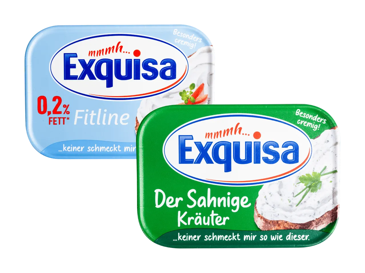 Zwei Exquisa Frischkäse-Sorten: Fitline (0,2% Fett) und Kräuter.