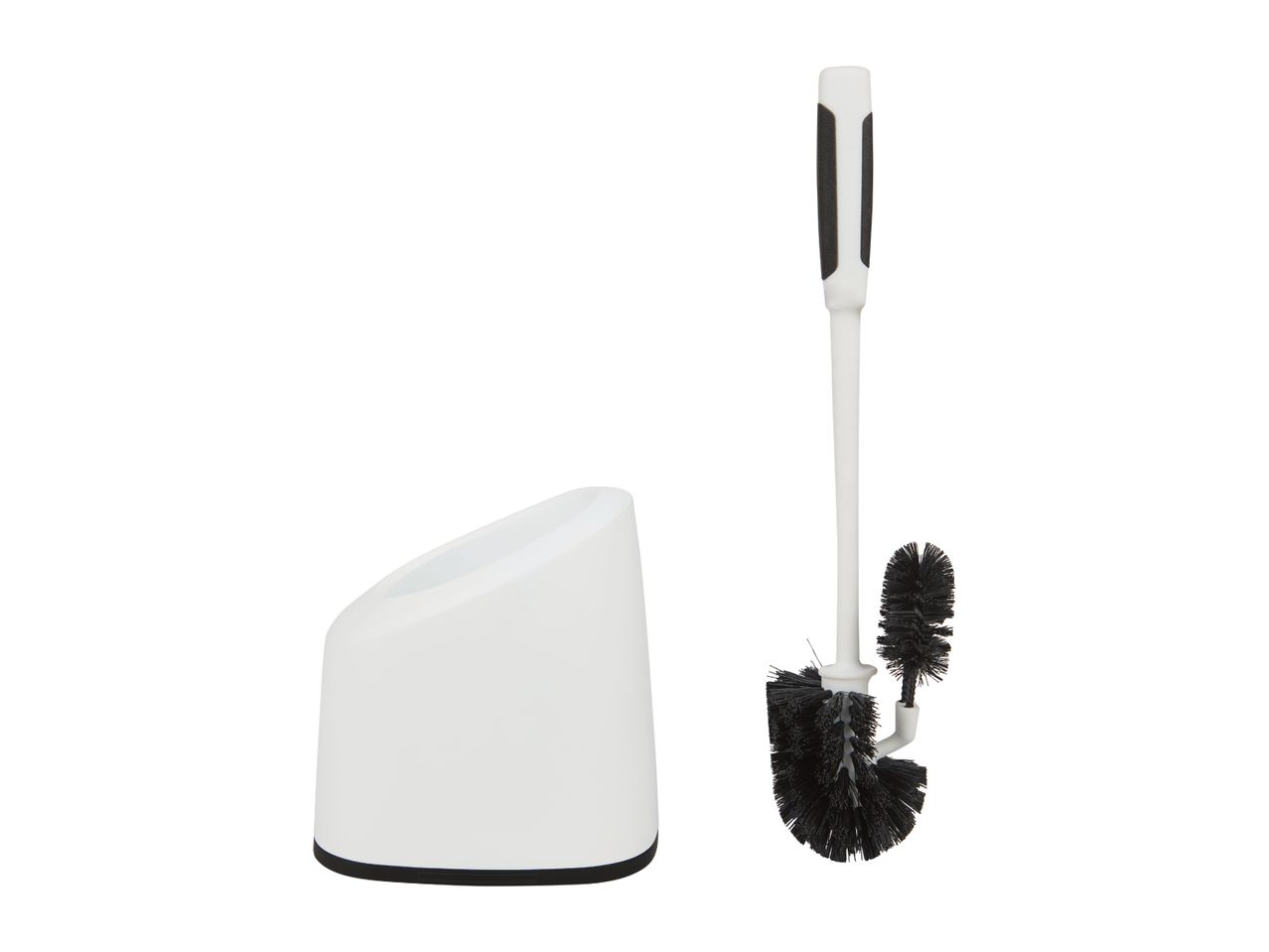 A white toilet brush with a black handle and holder.
