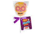 A sugar skull marshmallow pop with a purple ribbon and a 'Fiesta Mallow Pop' tag.
