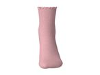 A single pink sock with a ruffled cuff, standing upright on a white background.