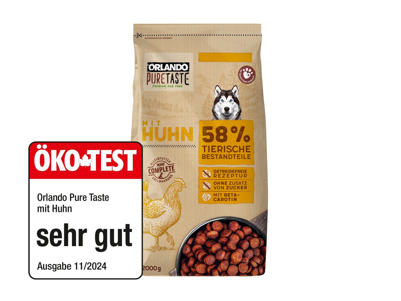 Orlando Pure Taste Hundefutter mit Huhn, ÖKO-TEST Bewertung.