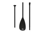 Three-piece black paddle for water sports, disassembled and standing upright.