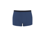 Boxers azuis com cós elástico preto e branco.