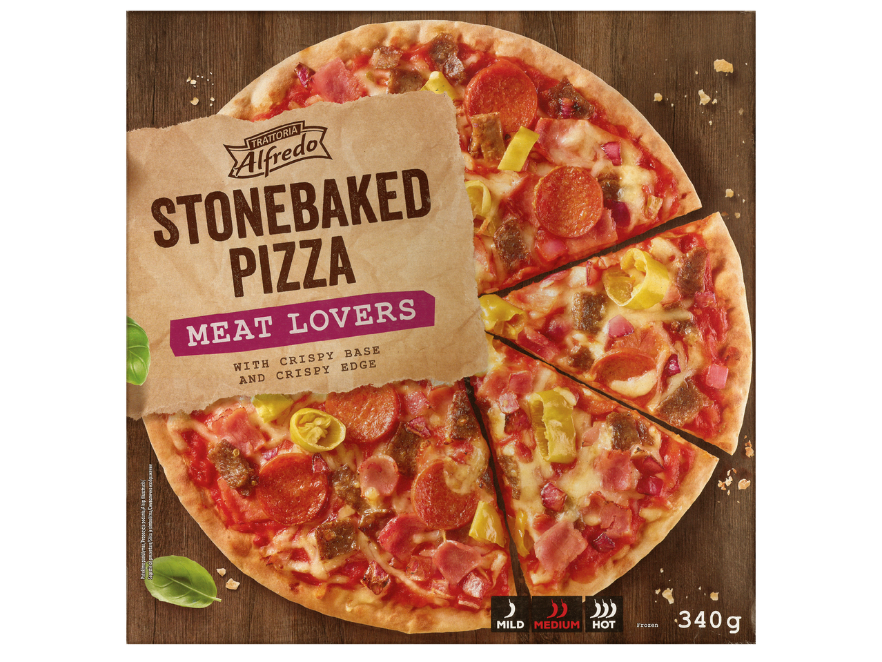Замразена пица с месо, нарязана на парчета, с надпис „Stonebaked Pizza Meat Lovers“.