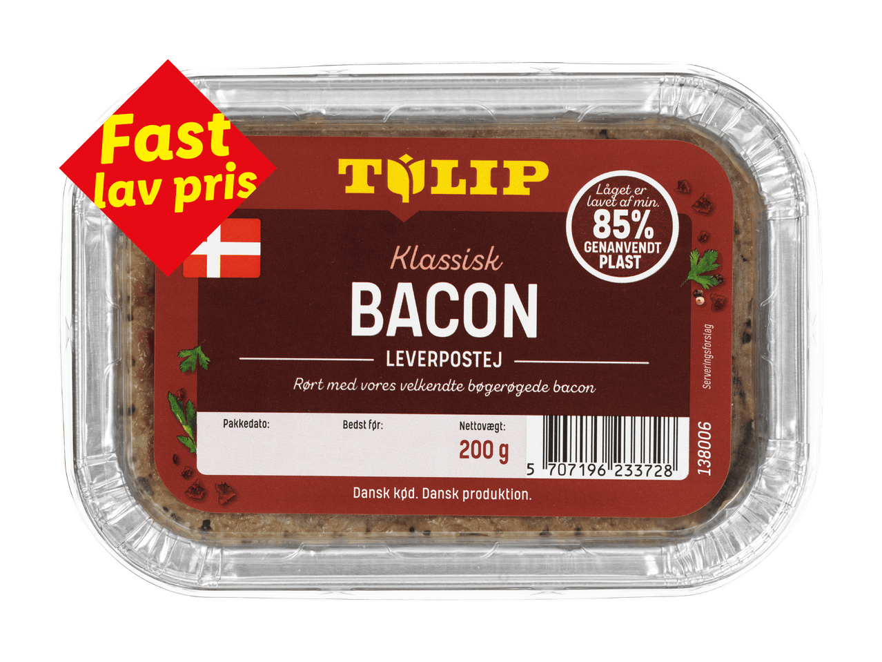 Leverpostej med bacon, mærket med 'Fast lav pris' og 85% genanvendt plast.