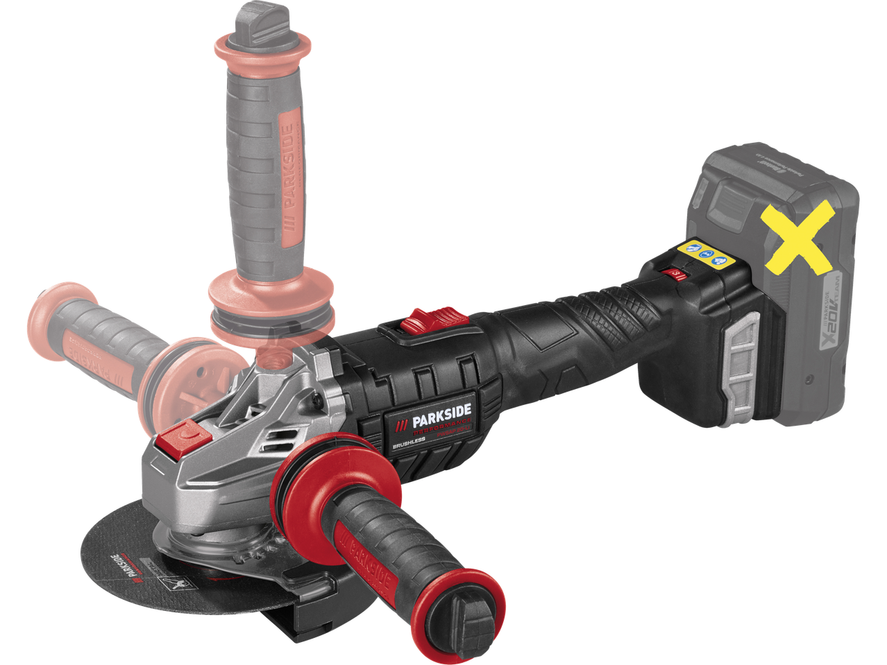 Parkside Performance 20V akumuliatorinis kampinis šlifuoklis su dviem rankenomis ir baterija.