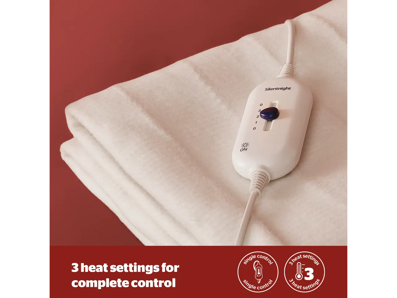 A Silentnight electric blanket with a control unit showing 3 heat settings.