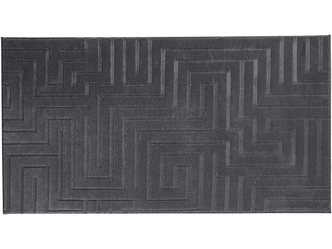 Dark gray bath mat with a geometric maze pattern.