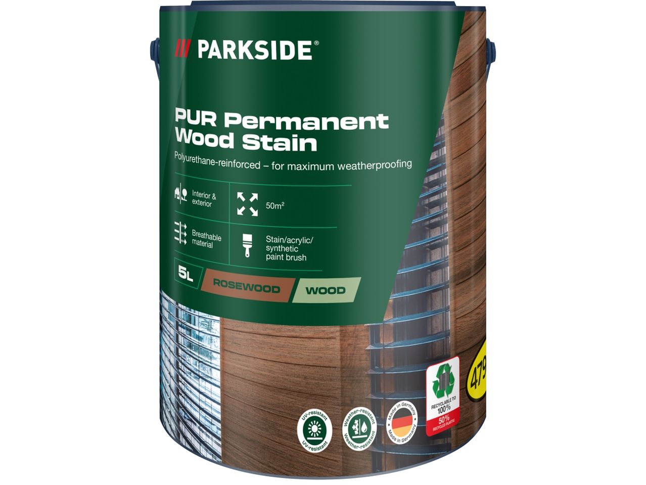 Кутия с боя за дърво Parkside PUR Permanent Wood Stain в цвят розово дърво и дърво.