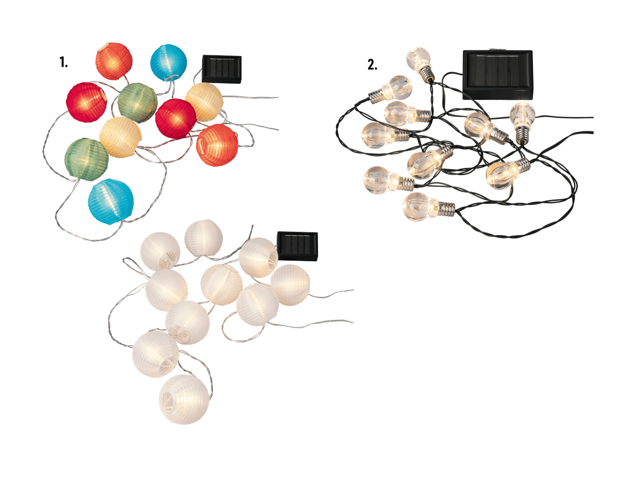 Guirlandes solaires d'extérieur avec lanternes colorées, ampoules à filament et lanternes blanches.