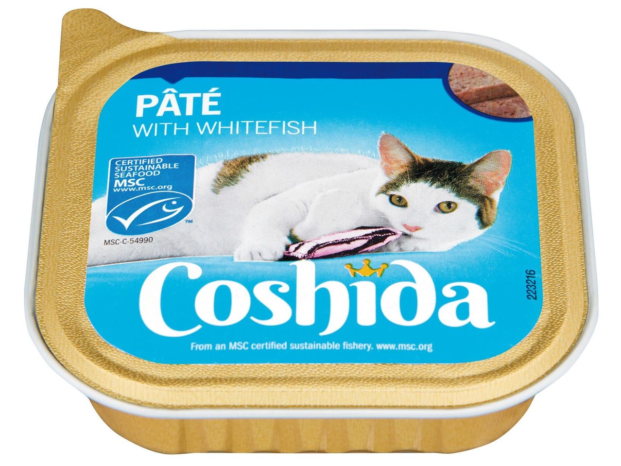 Coshida: Fehér halból készült macska püré, MSC tanúsítvánnyal rendelkező fenntartható halászatból.
