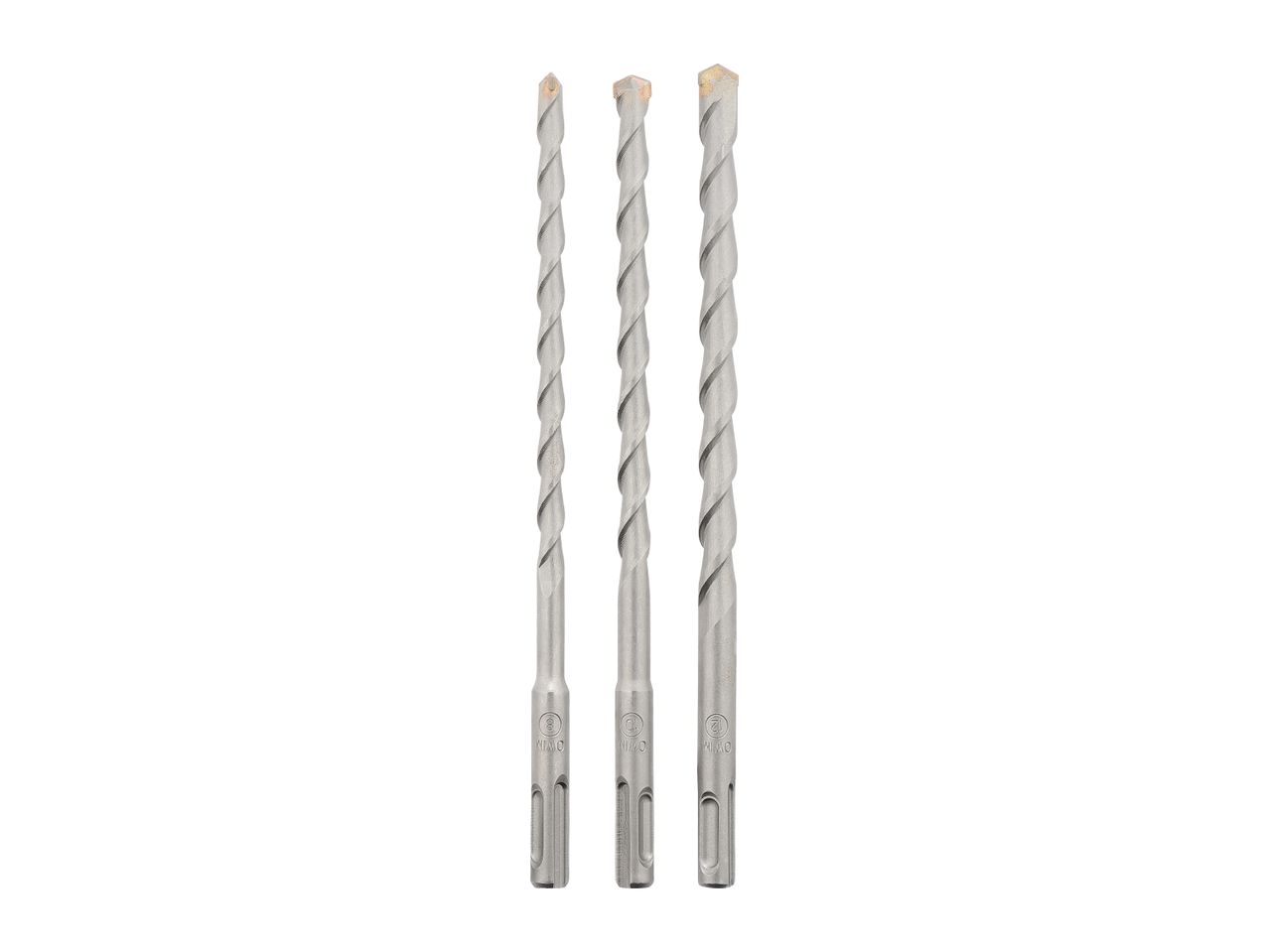 Three SDS-plus hammer drill bits of different sizes, 8, 10, and 12 mm, with carbide tips.