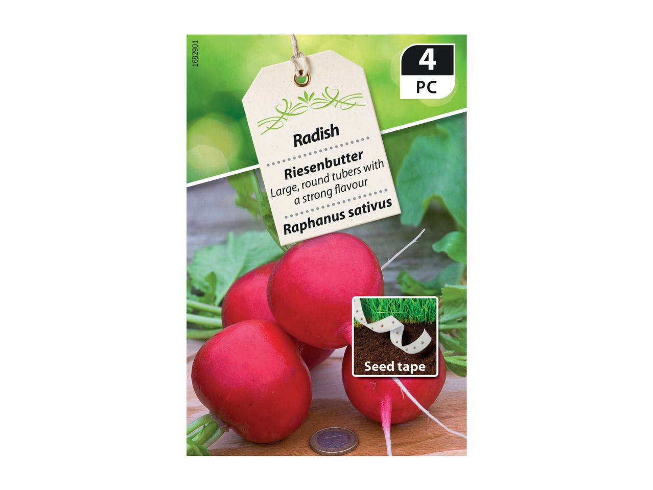Radish seed packet for Riesenbutter variety, showing red radishes and a seed tape illustration.