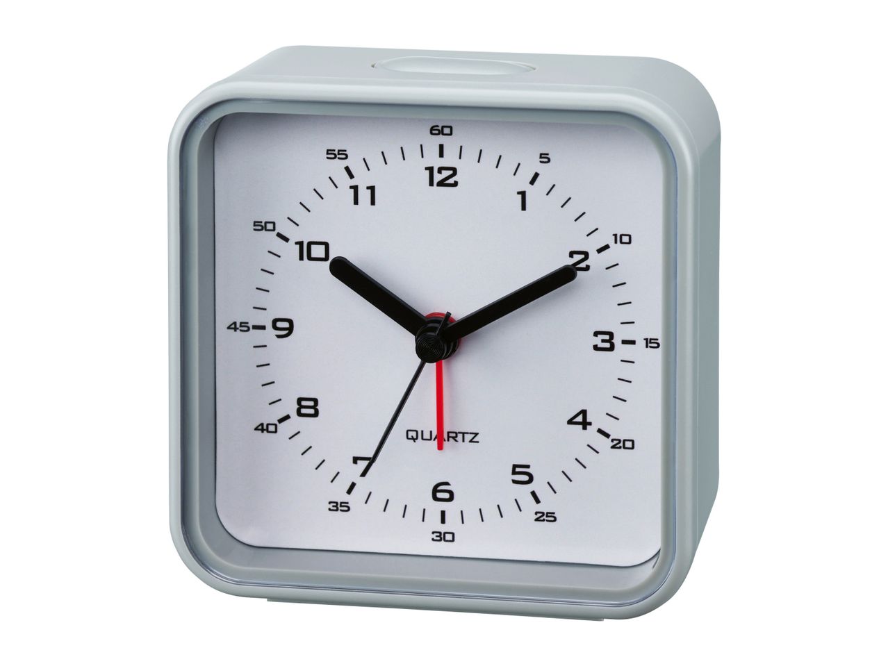 A simple, square analog alarm clock with a gray case and white face.