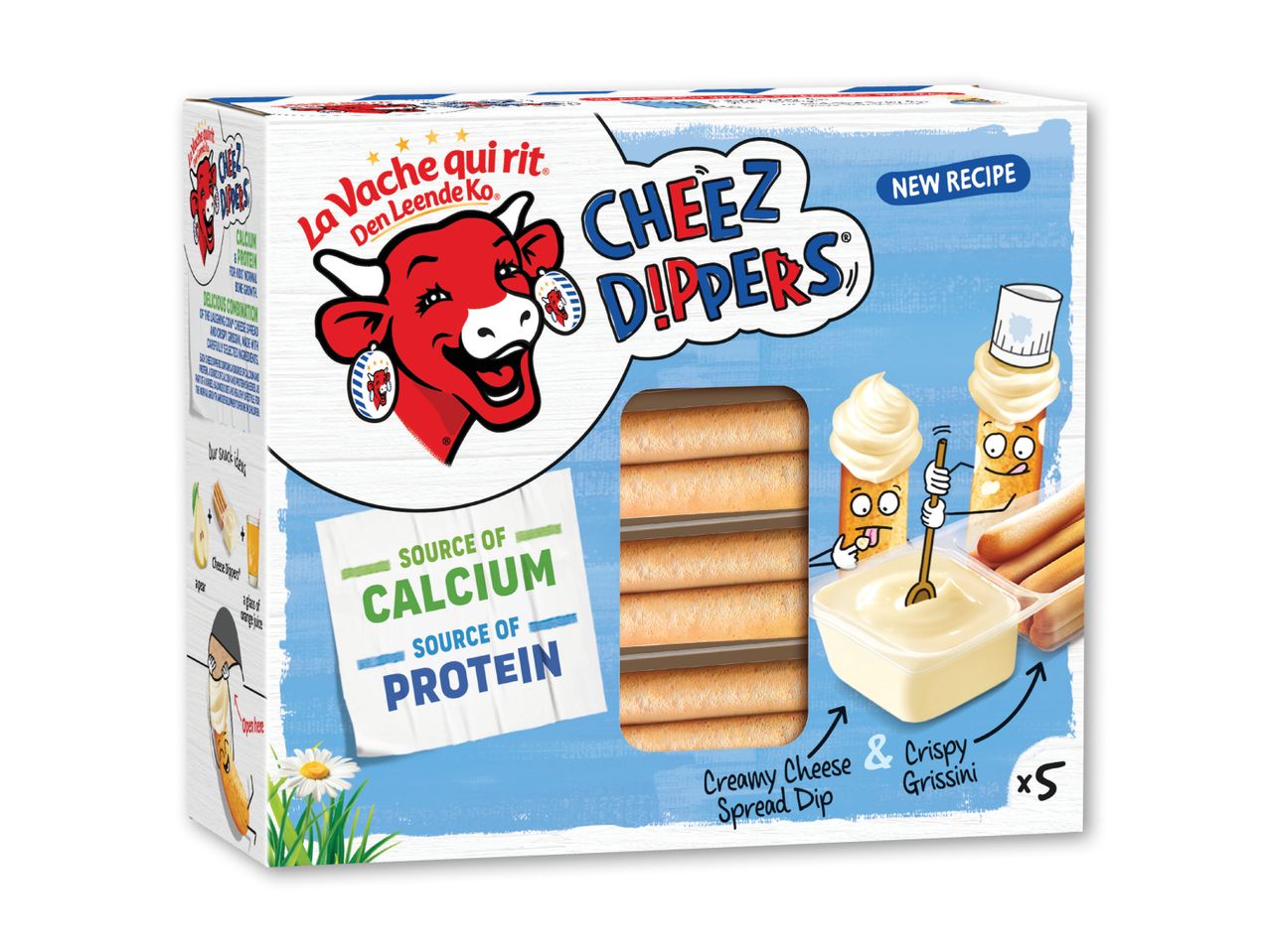 En æske Cheez Dippers ostepinde med en glad ko på emballagen.