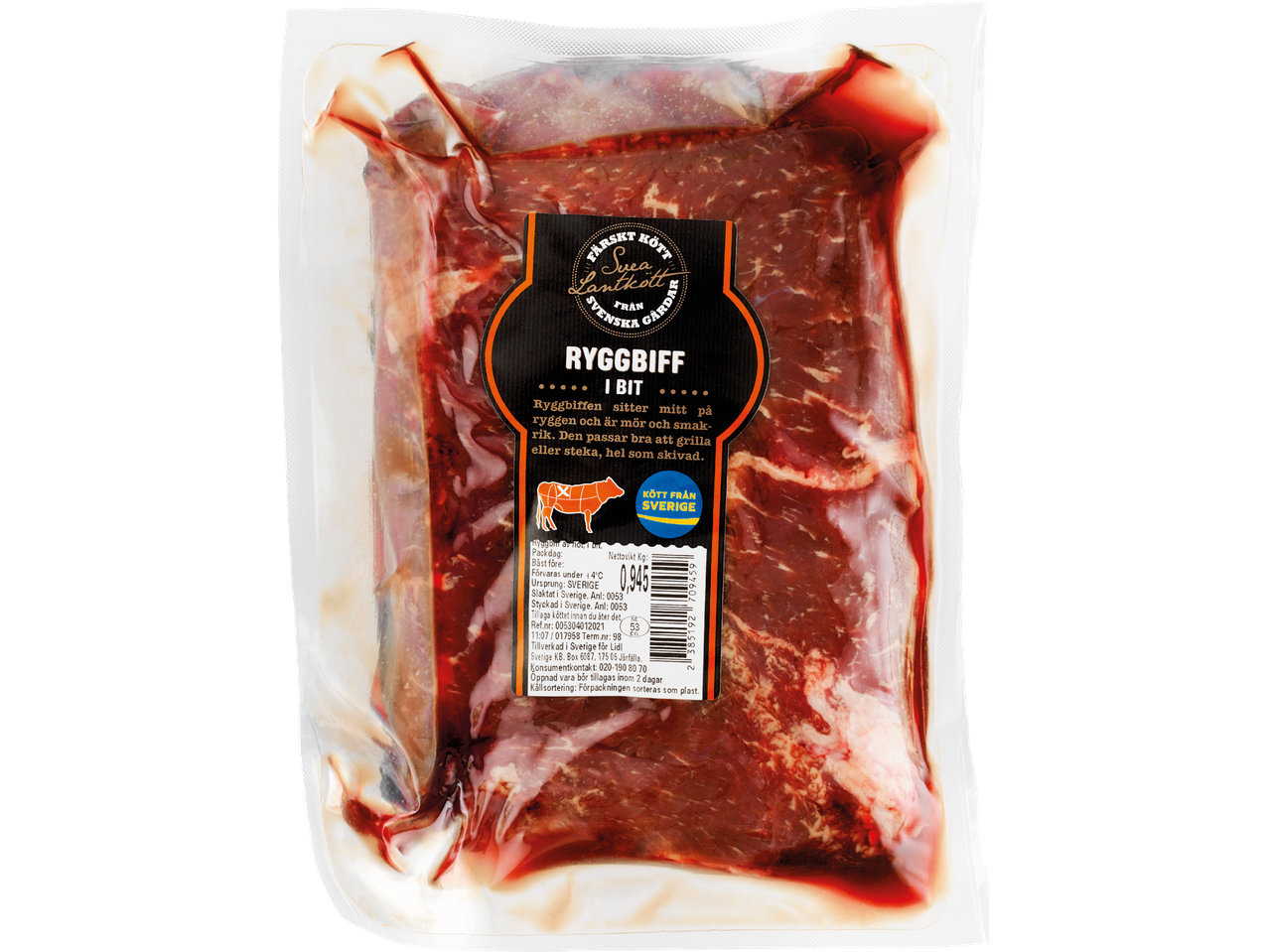 Vakuumförpackad ryggbiff från Svea Lantkött, märkt med 'Kött från Sverige'.