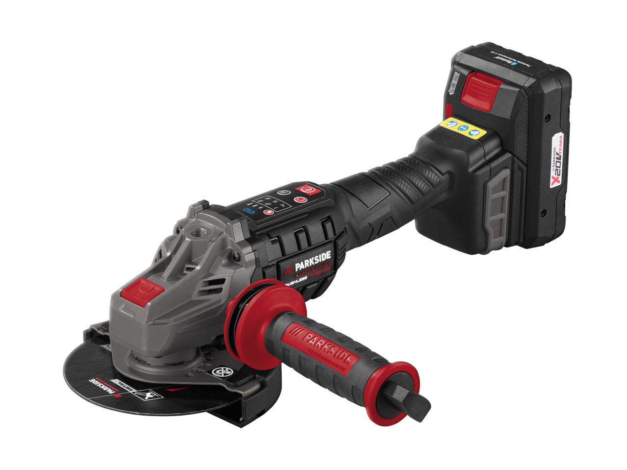 A Parkside X20V Team cordless angle grinder with a battery pack.