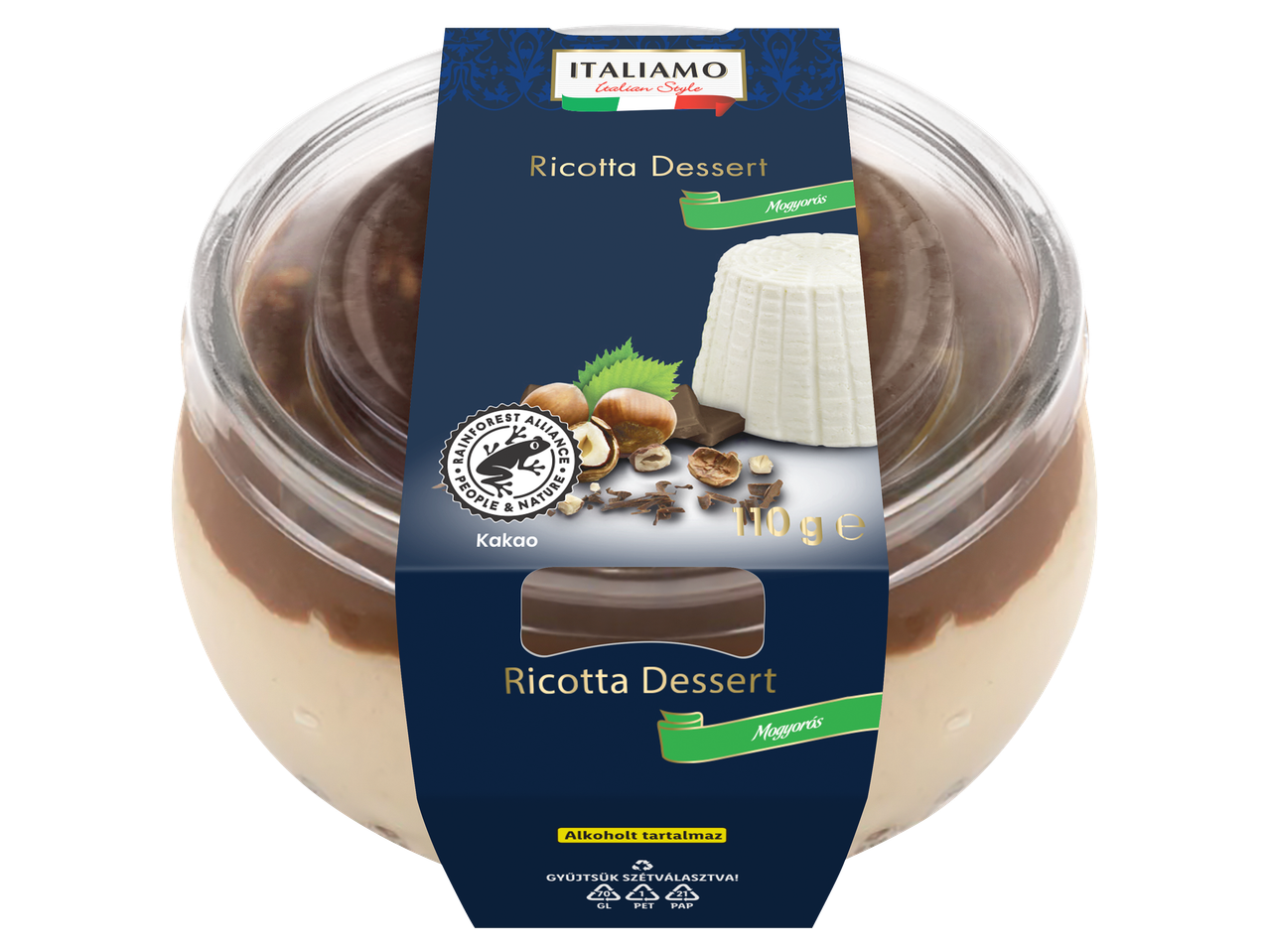 Mogyorós és kakaós ricotta desszert üvegpohárban.