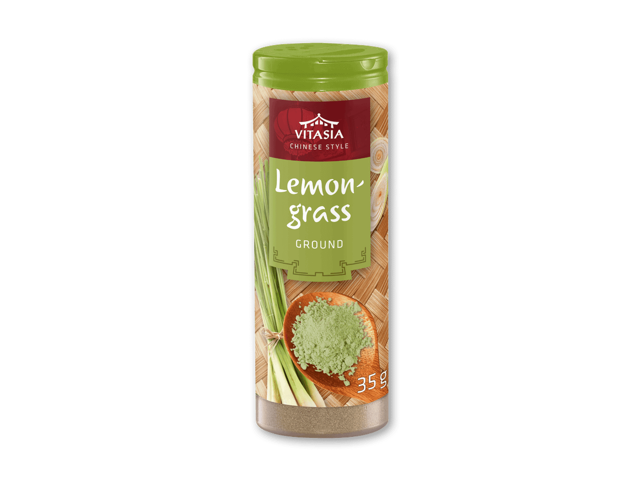 Bøtte med stødt citrongræs, med et billede af friskt citrongræs og en skål med pulver.