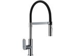 Chrome kitchen faucet with a black flexible hose and single lever handle.