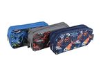 Three double-compartment pencil cases with animal print designs.