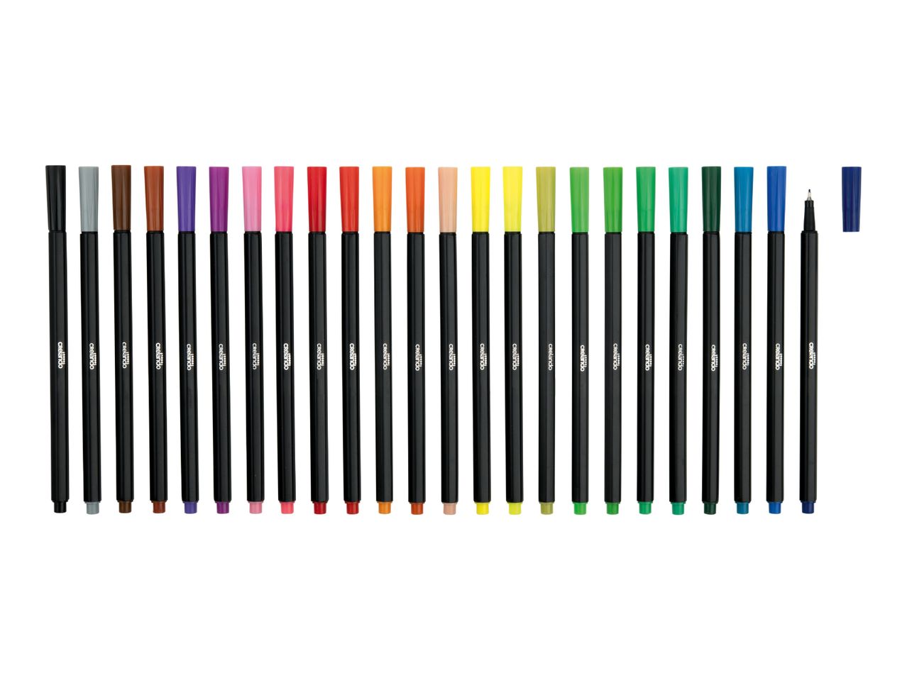 A row of colorful felt-tip pens with black barrels, one pen uncapped.