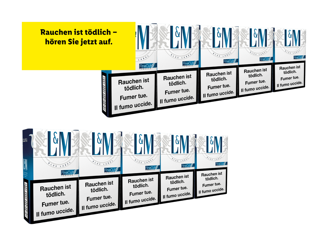 L&M Blue Label Zigarettenpackungen mit Gesundheitshinweisen auf German, Französisch und Italienisch.