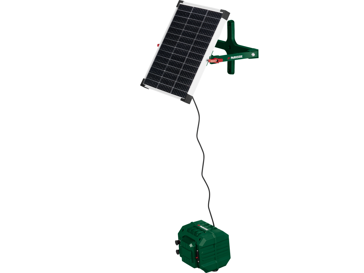 A solar panel connected by a cable to a green power station.