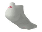 White ankle sock with a pink logo on the heel and size marking on the sole.