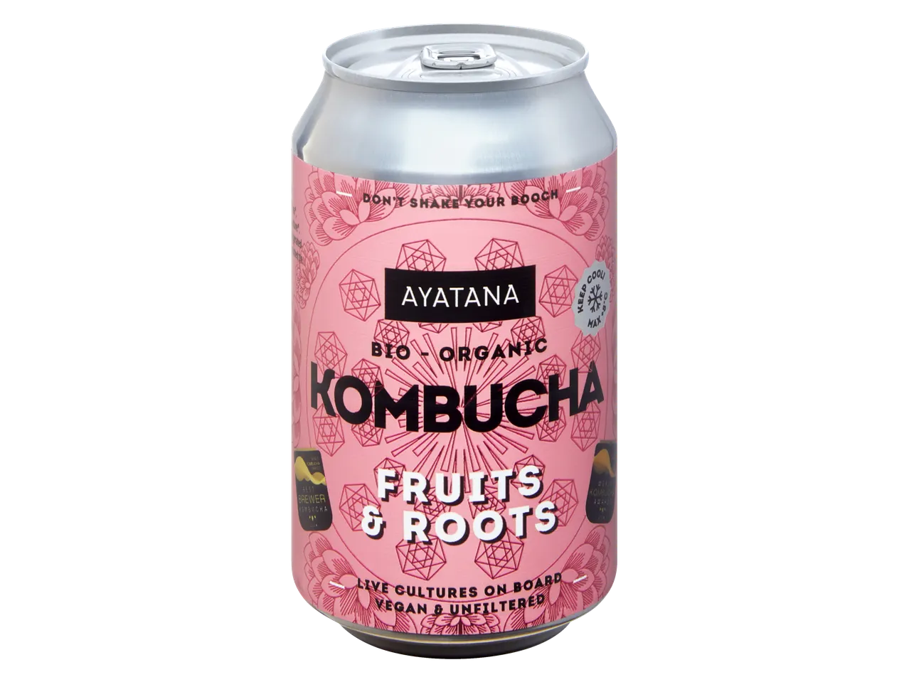Ayatana Bio-Organic Kombucha, Fruits & Roots smaak, in een roze blikje.