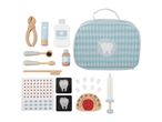 Wooden toy dentist kit with tools, toothpaste, mouthwash, X-rays, and a carrying case.